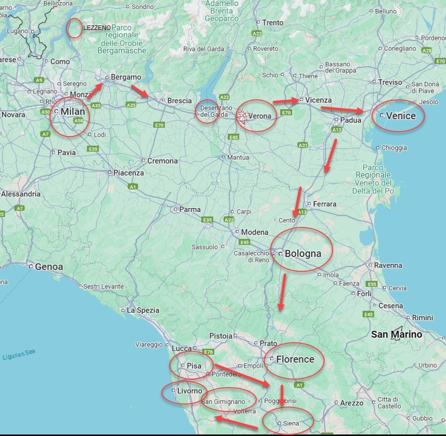 Italy road trip route map — Milan, Lake Como, Verona, Venice, Bologna, Florence, Siena, San Gimignano, Livorno