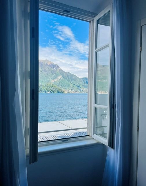 Mountain lake view from hotel window